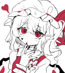Rule 34 | 1girl, closed mouth, flandre scarlet, hair between eyes, hat, head tilt, heart, heart-shaped pupils, highres, looking at viewer, medium hair, mob cap, nail polish, one side up, pointy ears, puffy short sleeves, puffy sleeves, ramochi, red eyes, red nails, red ribbon, red vest, ribbon, ribbon-trimmed headwear, ribbon trim, shirt, short sleeves, simple background, solo, spot color, symbol-shaped pupils, touhou, upper body, vest, white background, wings, wrist cuffs