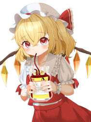 Rule 34 | 1girl, absurdres, blonde hair, blood, blood bag, blush, breasts, collarbone, collared shirt, cowboy shot, crystal, drinking, flandre scarlet, frilled shirt collar, frills, hair between eyes, hat, hat ribbon, highres, holding, looking at viewer, medium hair, mob cap, multicolored wings, neko atelier, one side up, puffy short sleeves, puffy sleeves, red eyes, red ribbon, red skirt, red vest, ribbon, shirt, short sleeves, simple background, skirt, skirt set, small breasts, solo, touhou, vest, white background, white hat, white shirt, wings, wrist cuffs