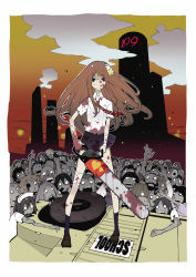 Rule 34 | 1girl, bandaged leg, bandages, black skirt, black socks, blood, blood on clothes, blood on face, bloody weapon, blush, brown hair, building, chainsaw, closed mouth, dowman sayman, hair ornament, heart, holding, holding chainsaw, holding weapon, kneehighs, long hair, necktie, original, outdoors, shibuya 109, shirt, skirt, socks, standing, striped neckwear, torn clothes, weapon, white shirt, zombie