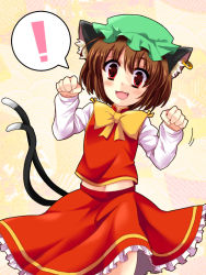 Rule 34 | 1girl, animal ears, brown hair, cat ears, cat tail, chen, fang, hainakku, hat, multiple tails, navel, nekomata, paw pose, red eyes, solo, tail, touhou, two tails
