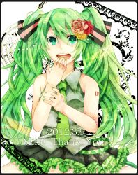 Rule 34 | 10s, 1girl, 39, 2012, bad id, bad pixiv id, character name, dated, flower, green eyes, green hair, hair flower, hair ornament, hatsune miku, highres, long hair, matching hair/eyes, necktie, shirogane (ankoromochi), skirt, solo, twintails, very long hair, vocaloid