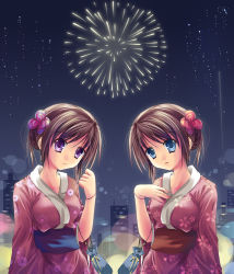 Rule 34 | 2girls, aerial fireworks, arm at side, bad id, bad pixiv id, blue eyes, blurry, bokeh, bracelet, breasts, brown hair, cityscape, depth of field, earrings, fireworks, hair bun, hair ornament, hanahanamaki, hand on own chest, hand up, japanese clothes, jewelry, kimono, long sleeves, looking at viewer, looking to the side, medium breasts, multiple girls, outdoors, parted lips, pink kimono, purple eyes, sash, short hair, single hair bun, yukata