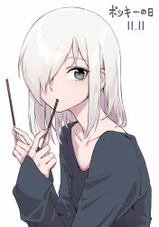 Rule 34 | 1girl, blue sweater, eating, food, grey eyes, hair over one eye, highres, holding, long sleeves, looking at viewer, medium hair, one eye covered, oopartz yang, original, pocky, pocky day, silver hair, simple background, solo, sweater, upper body, white background