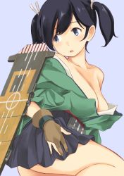 Rule 34 | 10s, 1girl, black hair, blue eyes, blush, breasts, brown gloves, cleavage, fingerless gloves, gloves, hair ribbon, japanese clothes, kantai collection, large breasts, off shoulder, open mouth, ribbon, short hair, simple background, skirt, solo, souryuu (kancolle), twintails, wa (genryusui)