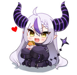 Rule 34 | 1girl, :d, ahoge, blush, burger, chibi, commentary request, demon horns, dress, eating, food, full body, hair between eyes, heart, highres, holding, holding food, hololive, horns, la+ darknesss, long hair, long sleeves, open mouth, pointy ears, purple dress, shinomiya shino (sinosino141), silver hair, simple background, sleeves past fingers, sleeves past wrists, smile, solo, tail, tail raised, v-shaped eyebrows, very long hair, virtual youtuber, white background, yellow eyes
