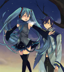 Rule 34 | 1boy, 1girl, aqua hair, bad id, bad pixiv id, bare tree, blue scarf, breath, closed eyes, hatsune miku, kaito (vocaloid), long hair, outdoors, outstretched arms, scarf, sky, smile, soysauce (pixiv47673), spread arms, thighhighs, tree, twintails, very long hair, vocaloid