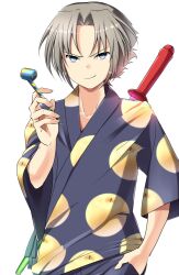 Rule 34 | 1boy, blue eyes, collarbone, facing viewer, food, fruit, grey hair, hand in pocket, holding, japanese clothes, jinbei (clothes), key (company), looking at viewer, male focus, party horn, pear, rewrite, smirk, solo, tagame (tagamecat), white background, yoshino haruhiko