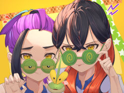 1boy 1girl :p adjusting_eyewear black_hair blue_shirt brother_and_sister carmine_(pokemon) claw_pose close-up closed_mouth collared_shirt commentary_request creatures_(company) crossed_bangs dipplin game_freak glasses green-framed_eyewear hand_up heart highres kieran_(pokemon) long_hair looking_at_viewer medium_hair multicolored_hair nintendo pokemon pokemon_(creature) pokemon_sv purple_hair red_hair shirt siblings tonbo_(tonbo63194) tongue tongue_out two-tone_hair yellow_eyes