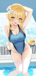 Rule 34 | 1girl, :d, absurdres, arm support, arm up, bare arms, blonde hair, blush, breasts, character name, cleavage, competition swimsuit, crossed bangs, feet out of frame, flower, fukuro daizi, genshin impact, groin, hair flower, hair intakes, hair ornament, highleg, highleg swimsuit, highres, lane line, large breasts, looking at viewer, lumine (genshin impact), multicolored clothes, multicolored swimsuit, one-piece swimsuit, open mouth, poolside, rubber duck, short hair with long locks, signature, sitting, smile, soaking feet, solo, sparkle, swimsuit, thighhighs, thighs, twitter username, water, wet, wet clothes, wet swimsuit, white flower, white thighhighs, yellow eyes