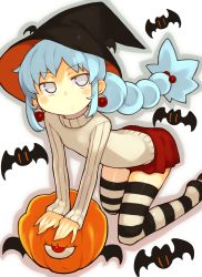 Rule 34 | 1girl, bachera, bat (animal), blue hair, blush, cyclops, earrings, grey eyes, halloween, hat, jewelry, long hair, long sleeves, looking at viewer, no pupils, one-eyed, original, outline, pumpkin, simple background, skirt, sleeves past wrists, solo, striped clothes, striped thighhighs, sweater, thighhighs, white background, witch hat, zettai ryouiki