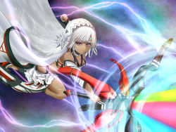 Rule 34 | 10s, 1girl, altera (fate), armor, bare shoulders, breasts, choker, dark-skinned female, dark skin, detached sleeves, fate/extella, fate/extra, fate/grand order, fate (series), highres, holding, holding weapon, looking at viewer, midriff, navel, photon ray (fate), rainbow, red eyes, short hair, solo, suiete, sword, tattoo, veil, weapon, white hair