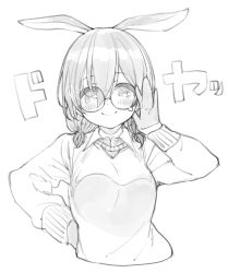 Rule 34 | 1girl, android, animal ears, breasts, commentary request, glasses, greyscale, hair between eyes, highres, hololive, looking at viewer, monochrome, nosir onadat, rabbit ears, roboco-san, roboco-san (spring sweater), short hair, smile, solo, sweater, teardrop-framed glasses, translation request, virtual youtuber