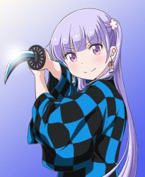 Rule 34 | 1girl, apita (apitaro), bad id, bad pixiv id, blue background, checkered clothes, checkered kimono, closed mouth, earrings, gradient background, holding, holding sword, holding weapon, japanese clothes, jewelry, katana, kimono, long hair, long sleeves, new game!, purple eyes, silver hair, smile, solo, standing, suzukaze aoba, sword, twintails, upper body, v-shaped eyebrows, very long hair, weapon