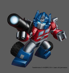 Rule 34 | autobot, blue eyes, commentary, english commentary, glowing, glowing eyes, grey background, gun, holding, holding gun, holding weapon, kre-o, lego minifig, marcelo matere, mecha, no humans, official art, optimus prime, robot, solo, transformers, weapon
