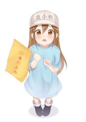Rule 34 | 1girl, absurdres, baseball cap, blush, boots, brown eyes, brown hair, child, flag, from above, frown, hat, hataraku saibou, highres, holding, holding flag, long hair, looking at viewer, open mouth, platelet (hataraku saibou), shirt, short sleeves, simple background, solo, t-shirt, translation request, very long hair, white background, yutuka01