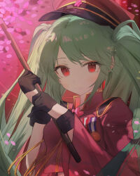 Rule 34 | 1girl, absurdres, aiguillette, black gloves, blush, brooch, closed mouth, collared jacket, gloves, gohei, green hair, half gloves, hat, hatsune miku, highres, holding, holding gohei, jacket, jewelry, long hair, long sleeves, looking at viewer, medal, mihoranran, military hat, military jacket, military uniform, parted hair, peaked cap, red eyes, senbonzakura (vocaloid), sidelocks, smile, solo, swept bangs, twintails, uniform, upper body, vocaloid, wrist cuffs