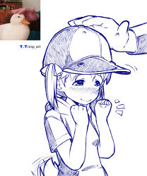 Rule 34 | 1girl, ^^^, absurdres, artist logo, artist name, baseball cap, bird, bird tail, blush, child, closed mouth, commentary request, duck, duck girl, furrowed brow, half-closed eyes, hands up, hat, highres, hood, hoodie, looking down, medium hair, meme, motion lines, nisp art, nose blush, original, pen (medium), personification, photo inset, reference inset, russian commentary, short sleeves, simple background, smile, solo focus, tail, tail wagging, twintails, upper body, wavy mouth, white background
