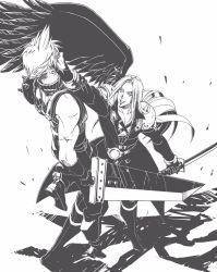 Rule 34 | 2boys, armor, belt, black jacket, black wings, boots, buster sword, chest strap, cloud strife, feathered wings, final fantasy, final fantasy vii, final fantasy vii remake, full body, gloves, greyscale, hand on another&#039;s chin, high contrast, highres, holding, holding sword, holding weapon, jacket, katana, long bangs, long hair, long jacket, long sleeves, looking at another, male focus, masamune (ff7), monochrome, multiple belts, multiple boys, muscular, muscular male, open mouth, parted bangs, ryouto, sephiroth, short hair, shoulder armor, single wing, sleeveless, sleeveless turtleneck, smile, spiked hair, suspenders, sword, turtleneck, weapon, white background, wings