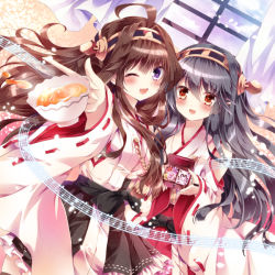 Rule 34 | 10s, 2girls, :d, ;d, ahoge, beamed quavers, black hair, brown eyes, brown hair, carrying, cup, curtains, detached sleeves, dutch angle, hair ornament, hairband, hairclip, haruna (kancolle), holding, kantai collection, kongou (kancolle), long hair, looking at viewer, multiple girls, music box, musical note, nogi takayoshi, nontraditional miko, one eye closed, open mouth, pleated skirt, purple eyes, quaver, ribbon-trimmed sleeves, ribbon trim, skirt, smile, teacup, window
