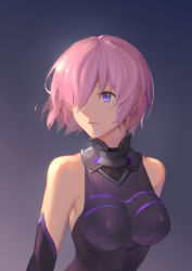 Rule 34 | 1girl, arms at sides, bare shoulders, black gloves, blush, breasts, closed mouth, dawn, elbow gloves, fate/grand order, fate (series), female focus, gloves, gradient background, hair over one eye, large breasts, mash kyrielight, neck, night, pink hair, purple eyes, short hair, sleeveless, solo, type-moon, upper body, warrior