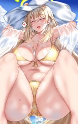 Rule 34 | 1girl, absurdres, bad id, bad pixiv id, bare legs, between breasts, bikini, blonde hair, blue archive, blue sky, breasts, cleavage, closed eyes, collarbone, condom, condom wrapper, crotch, day, fary5, gold bikini, hair between eyes, halo, hands on headwear, hat, heart, highres, large breasts, long hair, looking at viewer, navel, nonomi (blue archive), nonomi (swimsuit) (blue archive), outdoors, sky, solo, spoken heart, spread legs, stomach, sun hat, swimsuit, thighs, underboob, very long hair, yellow bikini