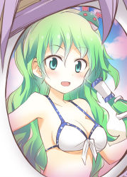 Rule 34 | 1girl, alternate costume, bikini, blush, breasts, cleavage, frog, frog hair ornament, green eyes, green hair, hair ornament, hair tubes, kochiya sanae, long hair, matching hair/eyes, open mouth, smile, snake, snake hair ornament, solo, suichuu hanabi, swimsuit, touhou