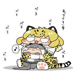Rule 34 | 2girls, :3, adeshi (adeshi0693119), animal ears, animal print, black hair, blank eyes, blonde hair, blush stickers, bow, bowtie, cat girl, chibi, closed eyes, elbow gloves, frills, full body, fur scarf, gloves, grey hair, happy, height difference, highres, hug, hug from behind, jaguar (kemono friends), jaguar ears, jaguar girl, jaguar print, jaguar tail, kemono friends, licking, licking another&#039;s hair, medium hair, multicolored hair, multiple girls, musical note, one-piece swimsuit, otter ears, otter girl, otter tail, paw shoes, print gloves, print legwear, print neckwear, print skirt, scarf, shirt, shoes, sitting, skirt, smile, spoken musical note, swimsuit, tail, tongue, tongue out, two-tone hair, white hair