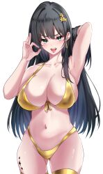 Rule 34 | 1girl, absurdres, baizhi (wuthering waves), bikini, black hair, breasts, collarbone, commentary, drooling, fellatio gesture, front-tie top, gold bikini, hair lift, hair ornament, hand in own hair, highleg, highleg bikini, highres, large breasts, long hair, looking at viewer, mija (mija1890), navel, solo, swimsuit, tacet mark (wuthering waves), tongue, tongue out, white background, wuthering waves