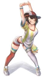 Rule 34 | 1girl, :3, ass, backwards hat, black hair, breasts, cammy stretch (meme), cleavage, closed eyes, commentary, hat, highres, hololive, honkivampy, large breasts, meme, oozora subaru, oozora subaru (1st costume), shirt, shoes, short hair, shorts, sneakers, stretching, striped clothes, striped shirt, symbol-only commentary, t-shirt, two-tone shirt, vertical-striped clothes, vertical-striped shirt, virtual youtuber