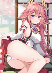Rule 34 | 1girl, absurdres, animal ears, ass, blush, breasts, cherry blossoms, closed mouth, clothes lift, detached sleeves, dot nose, dress, dress lift, earrings, falling petals, fox ears, genshin impact, highres, japanese clothes, jewelry, large breasts, lifted by self, long hair, looking at viewer, lying, mikan (user negv3532), on side, panties, petals, pink hair, purple eyes, sideboob, sliding doors, smile, solo, thighs, underwear, very long hair, white panties, yae miko