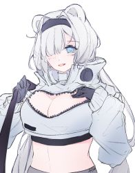 Rule 34 | 1girl, animal ears, arknights, aurora (arknights), bear ears, black gloves, black hairband, blue eyes, breasts, cleavage, commentary request, crop top, gloves, hair over one eye, hairband, high collar, jacket, large breasts, long hair, long sleeves, midriff, silver hair, simple background, solo, stomach, upper body, very long hair, white background, white jacket, yaoyuandehuanxiangting