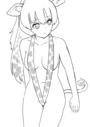 Rule 34 | 1girl, animal ear fluff, animal ears, animal print, bare arms, bare shoulders, breasts, collarbone, commentary request, expressionless, giraffe ears, giraffe girl, giraffe print, giraffe tail, greyscale, hair between eyes, highres, kemono friends, long hair, looking away, looking to the side, medium breasts, monochrome, murakami kou (raye), navel, print swimsuit, reticulated giraffe (kemono friends), sketch, slingshot swimsuit, solo, swimsuit, tail