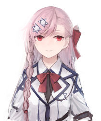 Rule 34 | 1girl, absurdres, asymmetrical bangs, bow, braid, girls&#039; frontline, hexagram, highres, jacket, long hair, looking at viewer, neck ribbon, negev (girls&#039; frontline), parted lips, pink hair, rampart1028, red bow, red eyes, red ribbon, ribbon, side braid, simple background, smile, solo, star of david, upper body, white background, white jacket
