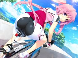 Rule 34 | 1girl, ass, bicycle, bike jersey, bike shorts, blue sky, blurry, blush, bottle, clothes writing, cloud, day, depth of field, dutch angle, fat mons, fingerless gloves, from behind, game cg, gloves, iizuki tasuku, kneepits, light smile, long hair, looking at viewer, looking back, lovely x cation 2, nirasaki hinata, ocean, outdoors, pink hair, purple eyes, riding, road, shoes, short sleeves, sky, smile, sneakers, socks, solo, sportswear, striped, tree, very long hair, water, water bottle, wide hips