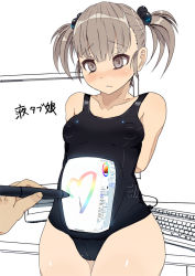 Rule 34 | 1girl, arms behind back, bare shoulders, blush, breasts, brown eyes, brown hair, drawing, face, heart, hip focus, keyboard (computer), medium breasts, miyamoto issa, original, painttool sai, personification, short hair, solo, translation request, twintails, wacom, wide hips