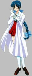 Rule 34 | 1990s (style), 1girl, blue hair, braid, brown eyes, dress, full body, glasses, gloves, grey background, kurimoto yukina, lab coat, loafers, long hair, nanase aoi, official art, red dress, red skirt, retro artstyle, round eyewear, school uniform, seraphim call, shoes, simple background, single braid, skirt, solo, thighhighs, white gloves, white thighhighs