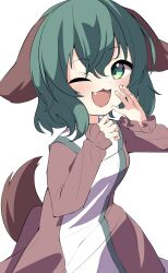 Rule 34 | 1girl, animal ears, blush, dog ears, dog tail, dress, fang, green eyes, green hair, gumi 9357, hair between eyes, highres, kasodani kyouko, long sleeves, looking at viewer, one eye closed, open mouth, pink dress, short hair, simple background, smile, solo, tail, touhou, upper body, white background