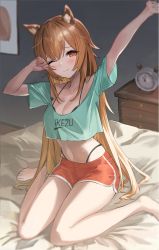 Rule 34 | 1girl, absurdres, alarm clock, amebi, animal ears, aqua shirt, arms up, barefoot, bikini, bikini under clothes, black bikini, breasts, brown eyes, brown hair, cleavage, clock, closed mouth, commission, crop top, crop top overhang, dolphin shorts, halterneck, highleg, highleg bikini, highres, long hair, looking at viewer, medium breasts, midriff, navel, no tail, off-shoulder shirt, off shoulder, on bed, one eye closed, original, park bokja, red shorts, second-party source, shirt, short shorts, short sleeves, shorts, sitting, smile, solo, squirrel ears, stomach, stretching, string bikini, swimsuit, thighs, very long hair, waking up, wariza