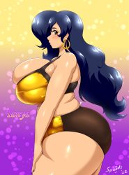 Rule 34 | 1girl, ass, blue hair, bra, breasts, bursting breasts, earrings, highres, huge ass, huge breasts, jewelry, long hair, nail polish, original, panties, plump, solo, speeds, thick thighs, thighs, underwear, yellow eyes