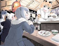 Rule 34 | 10s, 4girls, :d, = =, adapted costume, alcohol, animal ears, bartender, black jaguar (kemono friends), blue eyes, blush, bottle, bowl, character request, chopsticks, coat, commentary request, cup, drinking glass, drunk, elbow gloves, food, fur trim, glass, gloves, grey eyes, hair wings, hare (tetterutei), head wings, highres, holding, holding cup, holding drinking glass, hood, hood down, indoors, jaguar (kemono friends), jaguar ears, japari symbol, kemono friends, lantern, light bulb, long sleeves, looking at another, multiple girls, open mouth, orange hair, otter ears, pantyhose, paper lantern, plate, pouring, bar (place), rice, sharp teeth, shirt, short sleeves, sideways mouth, sign, sitting, small-clawed otter (kemono friends), smile, sweatdrop, table, teeth, towel, towel around neck, white shirt, wings
