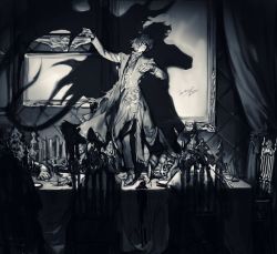 Rule 34 | 6+boys, alcohol, blood, candelabra, candle, candlestand, chair, closed eyes, closed mouth, cup, curtains, dancing, death, demon tail, demon wings, different shadow, drinking glass, greyscale, highres, indoors, male focus, monochrome, multiple boys, original, pigeon666, portrait, shadow, signature, sitting, spill, standing, table, tail, wine, wine glass, wings