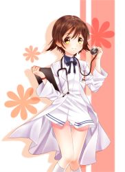 Rule 34 | 1girl, alternate costume, bad id, bad pixiv id, blush, brown eyes, brown hair, clipboard, doctor, miyafuji yoshika, neck ribbon, ribbon, short hair, smile, solo, stethoscope, strike witches, totonii (totogoya), world witches series