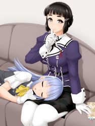 Rule 34 | 2girls, bad id, bad pixiv id, belt, black hair, blue hair, blunt bangs, book, breasts, brown eyes, closed eyes, gloves, hair ornament, hairclip, hatsukaze (kancolle), highres, kantai collection, lap pillow, large breasts, long hair, looking at viewer, lying, maeda r44, multiple girls, myoukou (kancolle), on side, pencil skirt, short hair, sitting, skirt, sleeping, smile, vest, white gloves, white legwear