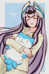 Rule 34 | 1girl, animal, black hair, blush, closed eyes, crossed arms, feather hair ornament, feathered wings, feathers, fire emblem, fire emblem engage, hair ornament, highres, long hair, multicolored hair, nintendo, open mouth, pajamas, pet, petite, rotomdocs, simple background, sketch, sleeping, smile, sommie (fire emblem), two-tone hair, very long hair, veyle (fire emblem), white hair, wings