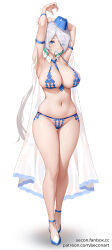 Rule 34 | 1girl, alternate costume, areola slip, arm strap, armpits, arms up, bare shoulders, between breasts, bikini, blue bikini, blue eyes, blue footwear, blue hat, blue necktie, breasts, brid (nikke), cape, cleavage, collarbone, commentary, detached collar, earrings, fanbox username, full body, garrison cap, goddess of victory: nikke, green hair, grey hair, hair over one eye, hat, highres, jewelry, large breasts, light blush, long hair, looking at viewer, low-tied long hair, low ponytail, multicolored hair, navel, necktie, necktie between breasts, paid reward available, patreon username, revealing clothes, secon, see-through, shadow, sidelocks, simple background, skindentation, smile, solo, standing, stomach, striped necktie, swimsuit, two-tone hair, white background