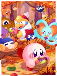 Rule 34 | :d, :o, ^ ^, apple, autumn, autumn leaves, banana, bandana, bandana waddle dee, basket, blue bandana, blush, blush stickers, border, bush, cairn, chip (kirby), closed eyes, commentary request, como (kirby), day, elfilin, food, forest, fruit, fur-trimmed jacket, fur trim, geromazudake, gooey (kirby), gordo, grapes, grass, hat, highres, holding, holding basket, holding food, jacket, king dedede, kirby, kirby (series), leaf, looking at another, mushroom, nature, nintendo, no humans, omame sakana, one-eyed, open mouth, outdoors, outside border, pear, persimmon, purple eyes, red headwear, red jacket, scarfy, shadow, sitting, sitting on tree stump, smile, spikes, sweet potato, tree, tree stump, waddle doo, white border, wide-eyed
