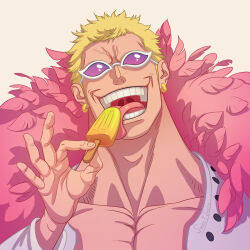 Rule 34 | blonde hair, coat, donquixote doflamingo, earrings, eating, feather coat, food, holding, holding food, holding ice cream, ice cream, jewelry, licking, male focus, msvekla, muscular, muscular male, one piece, open clothes, open mouth, pink coat, portrait, purple-tinted eyewear, shirt, short hair, smile, teeth, tinted eyewear, tongue, tongue out, white-framed eyewear, white shirt