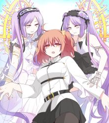 Rule 34 | 3girls, ahoge, bare shoulders, black pantyhose, black skirt, chaldea uniform, commentary request, dress, empty eyes, euryale (fate), euryale (third ascension) (fate), fate/grand order, fate (series), fujimaru ritsuka (female), girl sandwich, hair ornament, hair scrunchie, halo, long sleeves, looking at another, looking at viewer, medium hair, mita (matsuri68), multiple girls, open mouth, orange eyes, orange hair, pantyhose, purple hair, sandwiched, scrunchie, shirt, siblings, side ponytail, sisters, skirt, stheno (fate), stheno (third ascension) (fate), twins, twintails, veil, white dress, white shirt