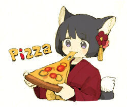 Rule 34 | 1girl, animal ear fluff, animal ears, cheese trail, commentary request, eating, flower, food, food name, fox tail, grey hair, grey tail, hair flower, hair ornament, hands up, holding, holding food, holding pizza, japanese clothes, kimono, light blush, light smile, maniani, original, pink flower, pizza, pizza slice, purple eyes, red flower, red kimono, sash, shino (maniani), short hair, simple background, solo, tail, tassel, white background, wide sleeves, yellow sash