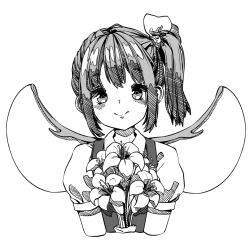 Rule 34 | 1girl, bouquet, bow, closed mouth, cropped torso, daiyousei, fairy wings, flower, greyscale, hair bow, kourou (kouroukun), light smile, looking at viewer, medium hair, monochrome, puffy short sleeves, puffy sleeves, shirt, short sleeves, side ponytail, simple background, solo, touhou, upper body, vest, wings